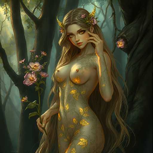 The image depicts a highly detailed, computer-generated illustration of a naked woman standing in a dark, dense forest. She has long, flowing brown hair adorned with flowers and leaves, and her striking yellow eyes are accentuated by red lipstick. Her body is intricately covered in golden leaves and vines, with some leaves glowing brightly. The woman's breasts are exposed, and she holds a large pink flower with a green stem in her right hand. Her left hand is raised to her face, with her index finger touching her cheek. The background features a dark, almost black tree trunk on the right side, with a pink flower protruding from it, and other trees with green leaves and branches extending into the misty, foggy forest. The overall scene is shrouded in a mysterious, ethereal atmosphere, with the woman's golden features and floral adornments standing out vividly against the dark surroundings.