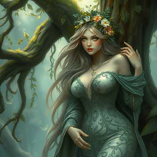 The image depicts a highly detailed, computer-generated fantasy scene featuring a young woman with long, flowing blonde hair adorned with a crown of white and pink flowers. She is dressed in an elegant, greenish-gray gown with intricate swirls and a plunging neckline that reveals her cleavage. The dress is complemented by a matching shawl draped over her left shoulder. Her striking green eyes and red lips add to her ethereal appearance. The woman is leaning against a large, ancient tree with moss-covered branches and green leaves, set against a backdrop of a misty, grayish-blue forest. The overall atmosphere is one of enchantment and mystery, with the woman's pose and attire suggesting she might be a forest fairy or a character from a fantasy realm.