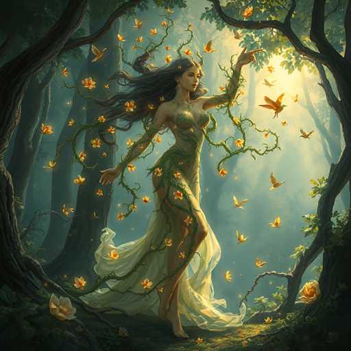 A woman in a flowing, vine-adorned gown stands gracefully amidst an enchanted forest. Golden butterflies flit around her, and sunlight filters through the trees, creating a dreamlike atmosphere. The art style is fantastical and ethereal, with soft lighting and detailed foliage.