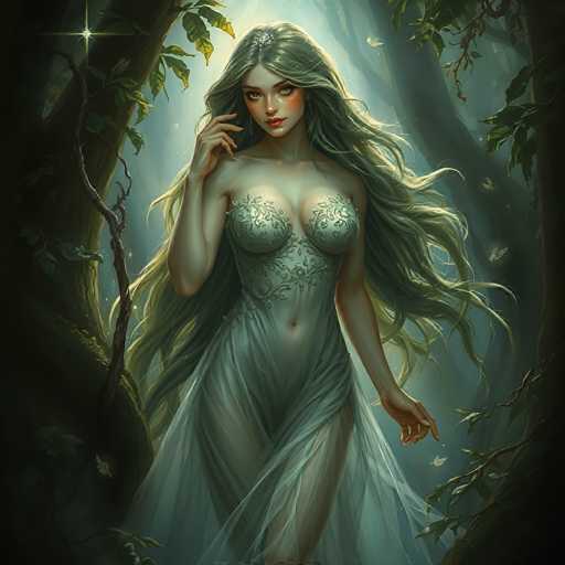 The image depicts a highly detailed, computer-generated or AI-generated fantasy scene featuring a young woman with long, flowing green hair that cascades down to her waist. She stands in a lush forest, framed by two large tree trunks on either side, with sunlight filtering through the leaves and casting a soft glow around her. The woman is dressed in a sheer, white gown adorned with intricate green floral patterns, particularly around the bust area. Her gown is form-fitting, revealing her belly button, and has a sheer skirt that adds to the ethereal quality of her appearance. She has striking red lips, rosy cheeks, and a small white flower adorning her hair. Her right hand is raised to her face, while her left hand rests by her side. The overall scene exudes a mystical and enchanting atmosphere, with the woman appearing almost otherworldly in her serene and captivating presence.