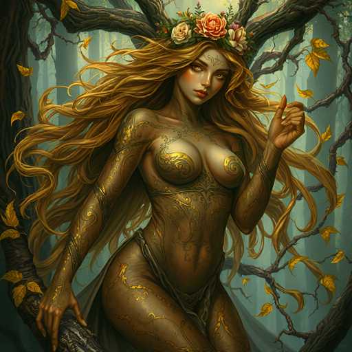 The image depicts a woman with long blonde hair and a crown of flowers on her head. She is wearing a brown dress adorned with gold designs and has a wreath made from leaves around her neck. The background features trees and foliage in various shades of green, creating a forest-like atmosphere.