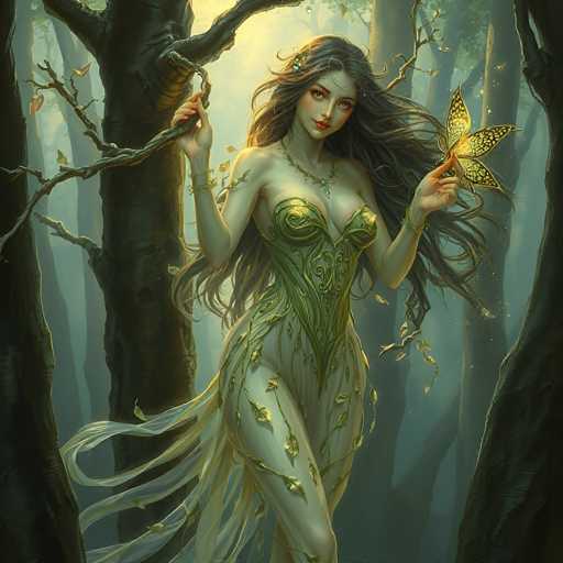 In this captivating fantasy painting, a woman stands gracefully in the center of a dense forest, surrounded by tall, dark tree trunks. She has long, flowing brown hair adorned with a silver flower and wears a green dress with intricate gold leaf patterns. The dress, which is form-fitting and low-cut, features a flowing white tail that extends behind her. Her skin has a light greenish tint, adding to her ethereal appearance. She holds a golden butterfly with black-tipped wings in her left hand, while her right hand grasps a branch from one of the trees. A delicate green necklace adorns her neck, complementing her dress. The background is filled with a misty, grayish-blue light that enhances the mystical atmosphere of the scene. The woman gazes directly at the viewer, her expression serene and captivating.
