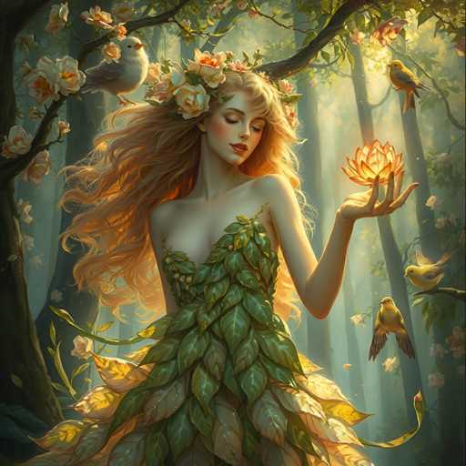 A woman with long blonde hair and a green dress is holding a flower in her hand, surrounded by birds and trees in the background.