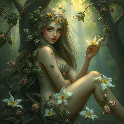 The image depicts a young woman, possibly a fairy or a nature spirit, sitting in a lush forest. She has long, flowing hair adorned with yellow flowers and green leaves, and her complexion is fair with a slight tan. Her striking green eyes and pink lips add to her ethereal appearance. She is wearing a light blue, strapless top that resembles a bra, and her body is mostly unclothed. The woman is holding a white flower in her left hand, which is extended towards the viewer. Surrounding her are more white flowers, green leaves, and pink roses, with vines and branches intertwining with her hair. The background features a large tree trunk and a forest filled with greenery, illuminated by sunlight filtering through the leaves. Butterflies flit around her, adding to the magical atmosphere of the scene.