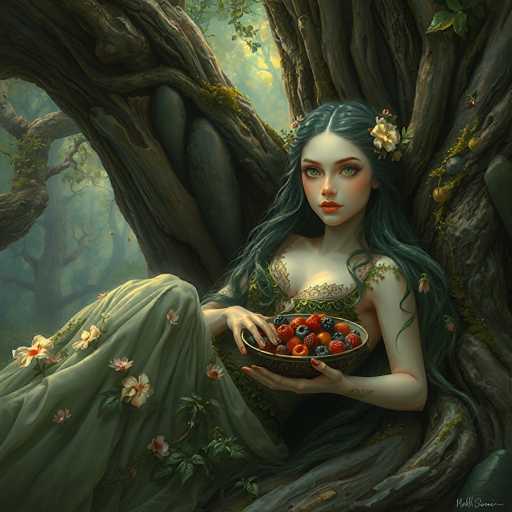 The image depicts a young woman with long, dark green hair adorned with flowers, sitting gracefully against the gnarled trunk of a large tree in a dense forest. She is wearing a flowing green dress decorated with white flowers and green leaves, which complements the natural surroundings. Her striking green eyes and red lips add to her ethereal appearance. The woman is holding a bowl filled with a variety of colorful berries, including blueberries, raspberries, blackberries, and possibly cherries. The scene is illuminated by sunlight filtering through the trees, casting a serene glow on the lush greenery and highlighting the intricate details of the tree's bark and moss. The overall atmosphere is one of tranquility and harmony with nature, capturing a moment of peaceful coexistence between the woman and her woodland environment.