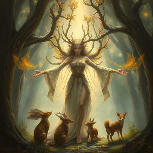 A mystical, ethereal scene unfolds in a fantasy forest. A woman with flowing, golden-streaked hair and antler-like adornments stands at the center, radiating a warm glow. She's surrounded by four fox-like creatures and a glowing, tree-like structure with fiery accents. The art style is painterly and dreamlike, emphasizing soft lighting and a sense of enchantment.