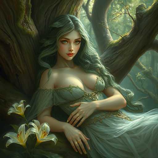 The image depicts a highly detailed, computer-generated or AI-generated fantasy painting of a young woman with long, wavy green hair and striking green eyes. She is leaning against a large, moss-covered tree in a lush forest, surrounded by sunlight filtering through the trees. The woman is wearing a sheer, light green dress with a low-cut top that reveals her cleavage, and the dress features intricate gold embroidery and lace details. Her attire includes a gold belt and a sheer, flowing skirt. She has red lipstick and is adorned with several rings on her fingers. Her pose is relaxed, with one hand resting on her stomach and the other on her hip. In the foreground, there are three white lily flowers with yellow centers and red stamens. The background is filled with more trees and foliage, enhancing the serene and enchanting atmosphere of the scene.