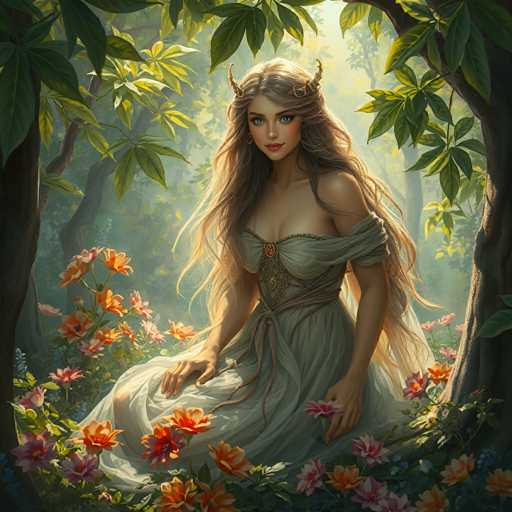 A woman with long blonde hair and a green dress is sitting on the ground surrounded by flowers of various colors including orange, pink, yellow, and white. The background features trees and foliage in shades of green and brown.