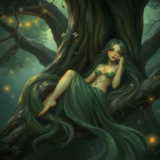 The image depicts a detailed, computer-generated illustration of a young woman with long, flowing green hair, sitting on a large, ancient tree trunk. She is dressed in a green bikini top and a long, flowing green skirt that extends down to her feet. Her bare legs are crossed, and she is barefoot. The woman has a serene expression, with her left hand resting on her cheek and her right hand placed on her lap. The tree trunk, which is brown and textured, has several branches extending outward, adorned with white flowers. The background is a dark, nighttime scene with a greenish hue, featuring a sky filled with glowing yellow lights that resemble fireflies or distant stars. The overall atmosphere is mystical and enchanting, with the woman appearing to be part of a magical forest setting.
