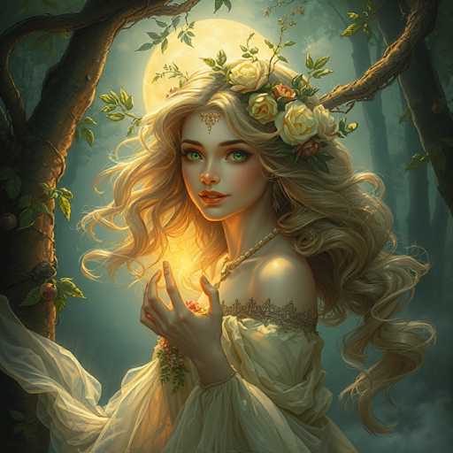 The image depicts a young woman with long, wavy blonde hair adorned with a crown of white and pink roses, interspersed with green leaves. She has striking green eyes, red lips, and a gold necklace that complements her elegant white dress, which features a lace top and a sheer, flowing skirt. Her head is slightly turned to the left, and she gazes directly at the viewer. The scene is set at night under a full moon, casting a soft glow over the woman's face and hair. She stands in a forest, with a tree branch extending from the left side of the image, and the background is filled with other trees and a misty, foggy atmosphere. The overall ambiance is ethereal and enchanting, reminiscent of a fairy tale or a fantasy setting.