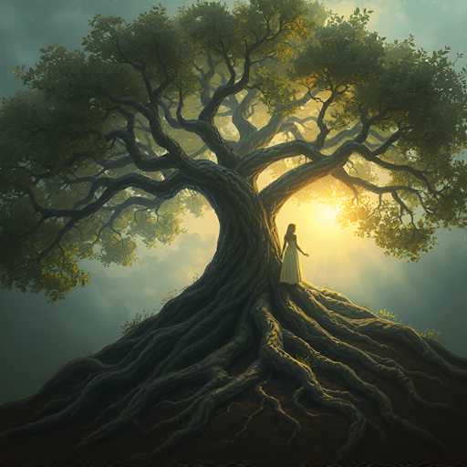 A serene, ethereal scene unfolds in a digital painting. A colossal, ancient tree dominates the frame, its thick, gnarled roots spreading like a network across a dark, earthy ground. The tree's trunk is a deep, textured brown, and its branches reach upwards, adorned with lush, verdant leaves that seem to glow with a soft, golden light. 

A lone figure, dressed in a flowing white gown, stands nestled amongst the roots of the tree. The figure is positioned near the center of the tree's base, seemingly bathed in a warm, golden light emanating from behind the branches. The figure’s posture is gentle and contemplative, suggesting a sense of peace or reverence for the natural world. 

The background is a soft blend of muted blues and grays, with wispy clouds hinting at a hazy atmosphere. The overall color palette is warm and inviting, with the golden light contrasting against the darker tones of the tree's roots. The lighting is soft and diffused, creating a dreamlike quality to the scene. 

The artwork evokes a sense of tranquility and timelessness, inviting the viewer to contemplate the connection between humanity and nature. The composition is balanced, drawing the eye towards the central figure and the majestic tree, creating a harmonious and visually captivating image.