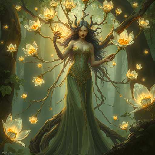 A woman with long dark hair and a green dress stands in front of a tree adorned with yellow flowers, surrounded by trees and bushes in the background.