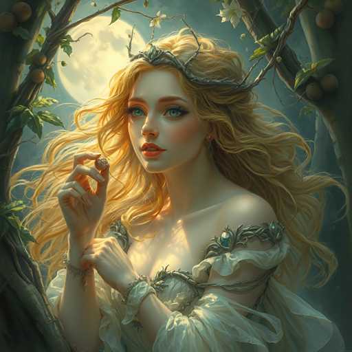 This digital illustration depicts a young woman with long, wavy blonde hair, adorned with a crown made of branches and leaves. She has striking blue eyes and is wearing a sheer, white dress with puffy sleeves that extends to her elbows. The dress is embellished with silver branches and leaves, and she has a bracelet on her right wrist. The woman is holding a small, brown acorn in her right hand, which is raised to her mouth. She stands in a moonlit forest, surrounded by trees with branches and leaves, and the full moon casts a soft glow over the scene. The background features a dark blue sky, enhancing the ethereal and mystical atmosphere of the image.