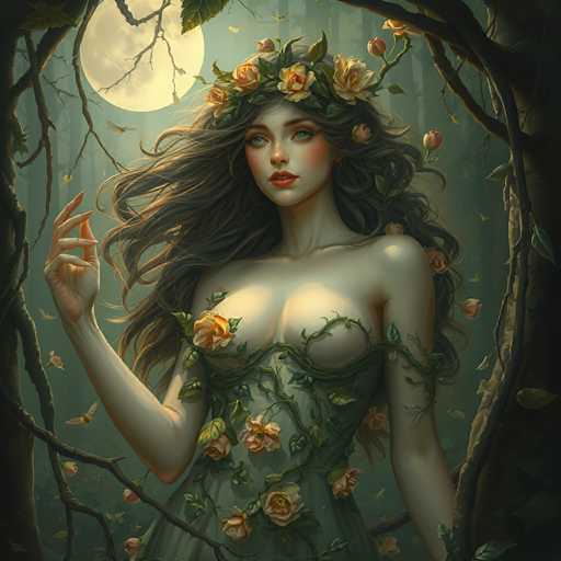 This digital artwork depicts a young woman with long, flowing brown hair adorned with a crown of yellow and orange flowers. She stands in a mystical forest, surrounded by trees with branches that frame her figure. The woman is dressed in a green, strapless dress that is intricately wrapped with vines and adorned with pink and orange flowers, extending from her chest to her waist. Her skin is very pale, and she has striking blue eyes, red lips, and a touch of blush on her cheeks. Her right hand is raised, with her fingers slightly curled, as if she is casting a spell. The background features a full moon in the top left corner, casting a soft glow over the scene. The overall atmosphere is enchanting and otherworldly, with the woman appearing as a nature-inspired, mystical figure.