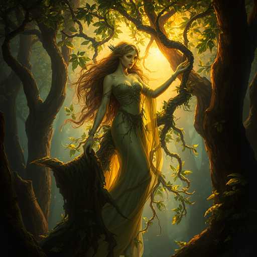 A woman with long red hair and a green dress stands on a tree stump in a forest, holding the trunk of a tree branch that is adorned with leaves. The background features trees and foliage, creating an impressionistic style with a focus on natural elements.