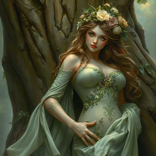This image depicts a highly detailed, computer-generated or AI-generated painting of a young woman with long, wavy brown hair adorned with a crown of white and pink roses. She is dressed in a light green, corset-like dress with intricate floral patterns, and a flowing cape that drapes over her right shoulder. The dress is low-cut, revealing her cleavage, and she has a tattoo on her right forearm. The woman's blue eyes and red lips stand out against her fair complexion. She is leaning against a large, brown tree trunk, with her right hand resting on her hip and her left hand holding the cape. The background features a cloudy sky with hints of blue, adding to the ethereal and enchanting atmosphere of the scene.