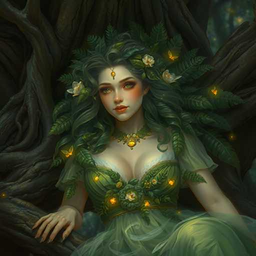 The image depicts a highly detailed, computer-generated fantasy scene featuring a young woman with an ethereal appearance. She has long, flowing green hair adorned with white flowers and green leaves, giving the impression that she is part nature herself. Her skin is pale, and she has striking green eyes, red lips, and a touch of blush on her cheeks. A golden ornament rests on her forehead, complementing her elaborate green dress. The dress is intricately designed with a white bra-like top, a green corset, and a flowing green skirt. A golden necklace with a prominent pendant adorns her neck. She is seated on a large, gnarled tree trunk, with her left hand resting on a branch. Surrounding her are glowing yellow butterflies, adding to the magical atmosphere. The background is dark, enhancing the mystical and enchanting feel of the scene.