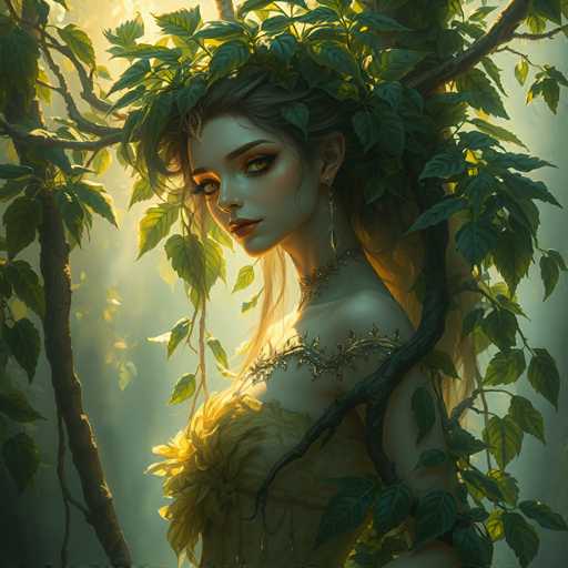 The image depicts a highly detailed, computer-generated fantasy character of a young woman standing in a lush forest. She has long, dark brown hair adorned with a leafy crown, and her striking yellow eyes are accentuated by heavy eye makeup. Her lips are painted a vivid red, and she wears a choker necklace along with a decorative strap across her chest. Her attire is a yellowish dress with a floral design, and she has a long earring in her left ear. The woman is positioned with her back to the right, gazing over her shoulder towards the left, with her face illuminated by sunlight filtering through the trees. The background is filled with green leaves and branches, creating a serene and enchanting atmosphere.