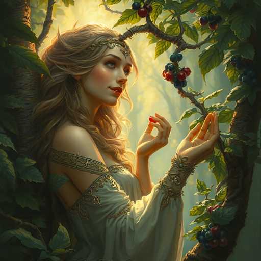 The image depicts a highly detailed, computer-generated illustration of a young woman with long, wavy blonde hair, adorned with a gold headband featuring a jewel hanging over her forehead. She is dressed in an elegant, off-the-shoulder white gown embellished with intricate gold embroidery and a gold band around her upper arm. The woman is leaning against a tree trunk, with her back partially supported by it, and her head slightly tilted to the right. Her right hand is gently holding a single red berry, while her left hand is cupped, as if ready to catch more berries. She gazes intently at a tree branch laden with red berries, which extends from the upper right corner of the image. The background is a soft, blurred forest, illuminated by a golden light that enhances the ethereal quality of the scene. The overall composition and the woman's poised, almost fairy-like appearance suggest a serene and magical moment in a sunlit forest.