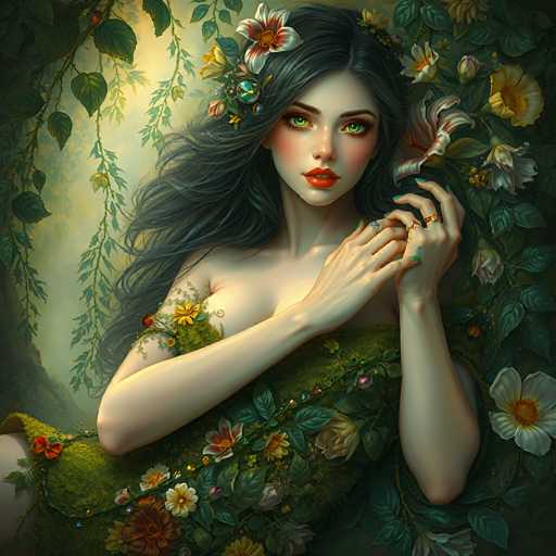 This digital artwork depicts a young woman with long, wavy black hair adorned with flowers and a gem. She has striking green eyes, red lips, and is wearing a green dress that appears to be made of grass or leaves, blending seamlessly with the natural surroundings. The woman is positioned in the center of the image, with her hands clasped together in front of her chest, and she gazes directly at the viewer. The background features a lush forest with various flowers and vines, creating a mystical and enchanting atmosphere. The color palette includes shades of green, yellow, red, orange, brown, black, white, and gray, enhancing the overall magical and ethereal feel of the scene.