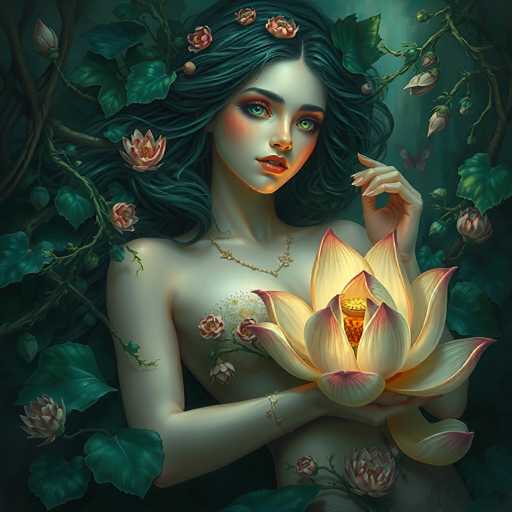 The image depicts a young woman with long, wavy black hair adorned with pink flowers. She has striking green eyes and is wearing a gold necklace. Her skin is pale, and she has a delicate, ethereal appearance. The woman is holding a large, glowing pink lotus flower in her hands, which illuminates her face. Surrounding her are additional lotus flowers and green leaves, creating a serene and mystical atmosphere. The background is dark, emphasizing the woman and the lotus flower. The overall style of the image is reminiscent of a fantasy or fairytale illustration, with a focus on natural beauty and tranquility.