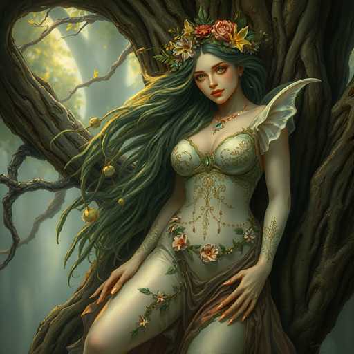 This detailed fantasy illustration depicts a young woman with long, flowing green hair adorned with a crown of flowers. She is dressed in an elaborate white gown embellished with gold accents, featuring a bustier top and a skirt that reveals her thighs. Her attire includes a garter belt and a cape-like skirt, complemented by a necklace with a green gem. The woman has intricate gold tattoos on her arms and is leaning against a large, ancient tree with a prominent hole in its trunk. The tree's branches are adorned with golden acorns, and the background reveals a misty forest with sunlight filtering through the trees. The woman's striking red lips and rosy cheeks add to her ethereal appearance as she gazes directly at the viewer.