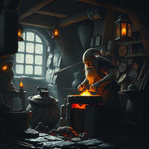 A detailed, atmospheric digital painting of a dwarven blacksmith working in a dimly lit, rustic forge. The scene is filled with warm, flickering light from the forge fire and several oil lamps hanging on the walls. The blacksmith is a stout, elderly dwarf with a long white beard, clad in dark leather and working intently at the glowing metal. Sparks fly as he hammers a piece of metal, his face illuminated by the flames. The forge is cluttered with various tools and equipment – large pots, bellows, and a collection of metalwork in various stages of completion. The background features rough stone walls, wooden beams, and a window letting in a soft light from outside. The overall mood is one of focused craftsmanship and ancient tradition, with the warm light creating a sense of intimacy and timelessness. The style is reminiscent of fantasy art, with a focus on detail and atmosphere.