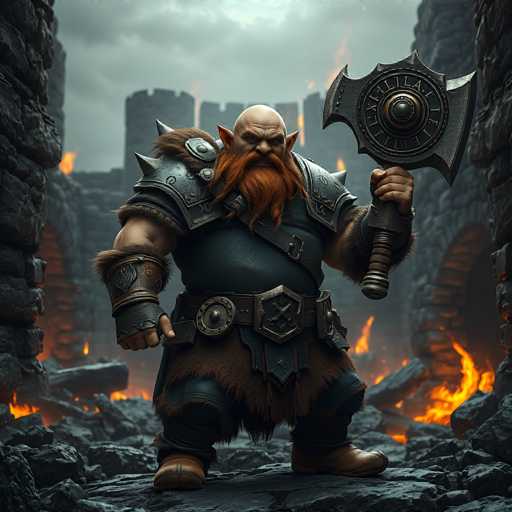 A massive, heavily armored dwarf warrior stands amidst the ruins of a fallen fortress. The dwarf is powerfully built, with a thick, braided red beard and piercing eyes. He wears dark leather armor adorned with metal plates and fur accents, a large belt buckle, and sturdy boots. In his right hand, he grips a massive, intricately detailed warhammer with a glowing, circular head. His left arm is raised, displaying a large, ornate metal bracer on his forearm. The background shows crumbling stone walls and archways engulfed in flames, with smoke billowing into a dark, overcast sky. The overall scene is one of destruction and epic power, emphasizing the dwarf's formidable strength and battle-worn appearance.