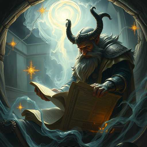 The image depicts a detailed, computer-generated scene of a Viking-like man engrossed in reading a book. The man, who has long white hair, a flowing white beard, and a mustache, is adorned with a helmet featuring large, curved horns that extend outward and then curve back inward. He is dressed in a blue robe with a gold lining and metal armor on his shoulders and wrists. The book he holds is open, with its pages appearing to glow from within, casting a warm light on his face. Surrounding him is a mystical atmosphere filled with wisps of blue smoke and ethereal, star-like lights that resemble gold stars. The background reveals a stone building with a high ceiling, adding to the ancient and mystical ambiance of the scene.