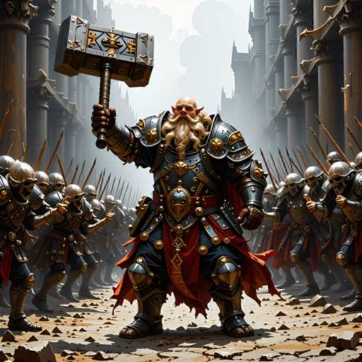A knight in full armor stands on a dirt road surrounded by other knights and soldiers dressed in similar armor. The knight is holding a large hammer in his right hand and wearing a red cape with gold accents.