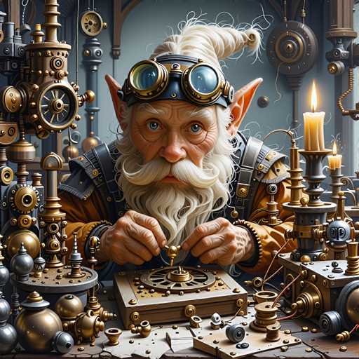 The image depicts a highly detailed, AI-generated illustration of an elderly man with distinct fantasy features, including pointed ears reminiscent of an elf. He has a long, white beard and mustache, with his hair styled in a ponytail that curls at the end. The man is wearing a blue headband with goggles perched on his forehead, and his blue eyes are focused intently on a small, intricate device he is holding in his hands. He is dressed in a brown shirt and a vest, and is seated at a cluttered desk filled with various mechanical components, gears, and screws. The desk is illuminated by a candle on the right side, casting a warm glow over the scene. The background features a gray wall adorned with additional mechanical elements, enhancing the overall fantasy and steampunk aesthetic of the illustration.