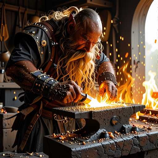 A bearded man with long hair is working on a piece of metal at a forge, holding a hammer and striking the metal with sparks flying around him.