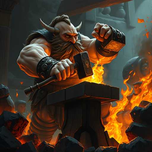 The image depicts a highly detailed, computer-generated scene of a muscular blacksmith working in a dark, medieval-style workshop. The central figure is a large, hulking man with a long, bushy beard and mustache, and a distinctive mohawk hairstyle. His head is adorned with two prominent horns protruding from either side. He is dressed in a leather vest and pants, with black leather wristbands on both wrists. In his right hand, he wields a massive sledgehammer, poised to strike a glowing piece of metal that is already beginning to take shape on an anvil. The anvil rests on a sturdy wooden stand, surrounded by intense flames and glowing coals, creating a fiery atmosphere. The background reveals a stone wall with a window, through which more flames and embers can be seen. To the left of the blacksmith, a smaller figure, possibly a young boy, watches the scene intently. The overall setting is dark and smoky, with the heat from the forge illuminating the blacksmith's focused expression as he works.