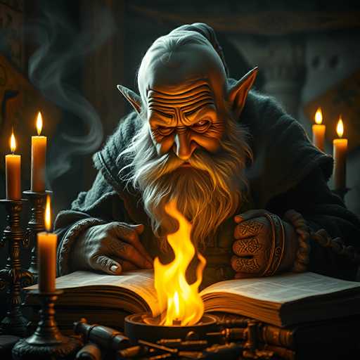 The image depicts a highly detailed, AI-generated or computer-animated scene of an elderly wizard engrossed in reading a book. The wizard, with his long white beard, mustache, and pointed ears, exudes an aura of mystique. He is dressed in a dark gray cloak and has intricate tattoos on his hands. His right hand rests on the open book, while his left hand is clenched into a fist, suggesting deep concentration. The book itself is placed on a stack of other books, with a small dish containing a lit flame in front of it, casting a warm glow over the scene. Surrounding the wizard are several lit candles, adding to the magical ambiance. The background is dark and somewhat blurred, with indistinct shapes that might be statues or architectural elements, enhancing the focus on the wizard and his spellbinding activity.