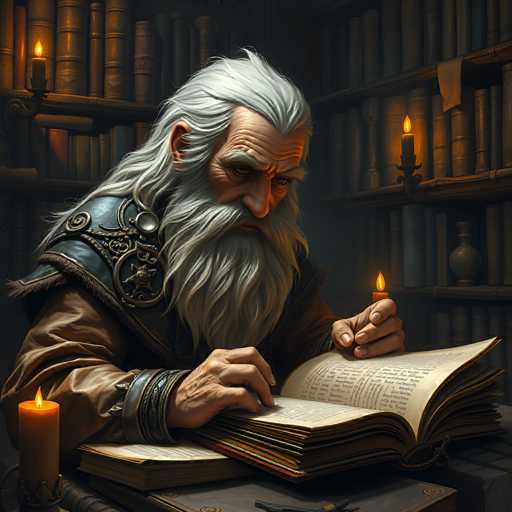 A detailed, high-quality digital painting in a fantasy art style depicts an elderly wizard engrossed in reading a large, ancient tome by candlelight. The wizard has long, flowing white hair and a full, equally long white beard, his face etched with wisdom and concentration. He wears a rich brown robe adorned with intricate silver and blue detailing, including a prominent shoulder piece. His hands are gently holding the open pages of the book, his fingers carefully tracing the text. 

The setting is a dimly lit library with tall bookshelves overflowing with countless leather-bound books, casting long shadows in the warm candlelight. Several candles are placed on a dark wooden table in front of the wizard, providing the primary light source. The overall atmosphere is one of quiet contemplation and ancient knowledge, with a slightly mystical and magical feel to the scene. The focus is sharp on the wizard's hands and the book, while the background gradually fades into a soft, atmospheric darkness.