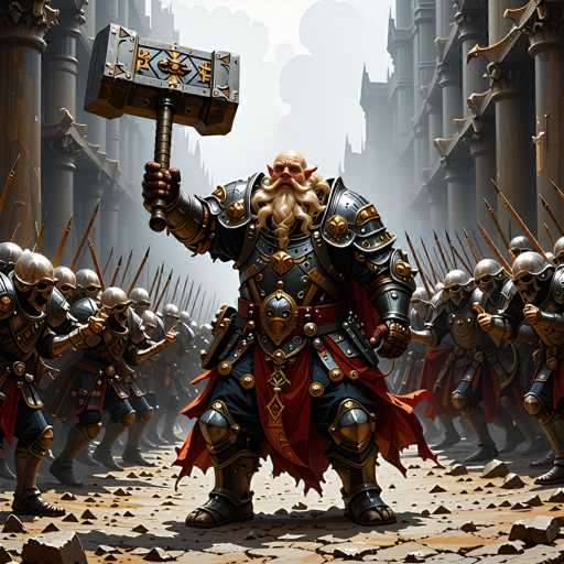 A colossal, heavily armored warrior stands at the forefront of a vast army in a dark fantasy setting. The warrior is a massive, bearded figure clad in ornate silver and black armor, wielding an enormous, intricately detailed warhammer. His helmet obscures his face, but a determined expression can be discerned from the glowing eyes visible beneath. He stands at the center of a large, disciplined army of similarly armored warriors, all holding spears and facing forward. The background features towering, gothic-style buildings shrouded in a hazy, grey atmosphere, suggesting a desolate or ancient location. The ground is littered with rubble and broken stone, further emphasizing the scale of the scene. The overall lighting is dramatic, casting strong shadows and highlighting the warrior's imposing figure. The style is highly detailed and painterly, with a focus on texture and depth.