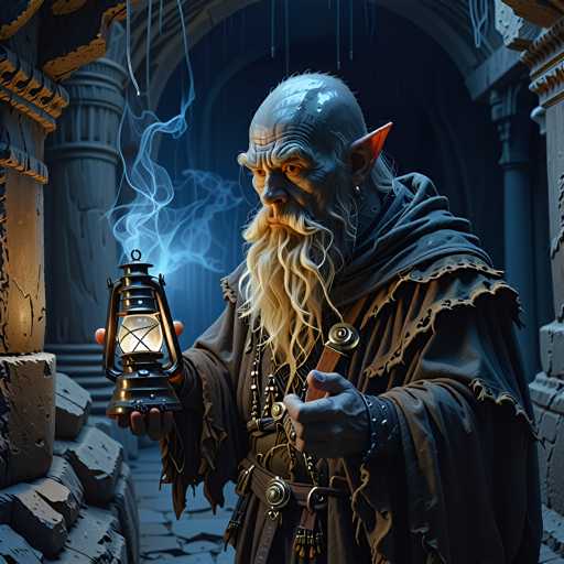 A bearded man with long white hair is holding a lantern and wearing a robe of gold and blue colors. The man appears to be in a cave or tunnel-like structure, suggesting an adventurous or exploratory setting.