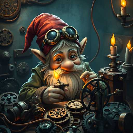 The image depicts a detailed, computer-generated scene of a gnome-like figure, reminiscent of an elf or wizard, engaged in a task at a cluttered workbench. The gnome, with a long white beard, mustache, and pointed ears, wears a red pointed hat and has a pair of goggles resting on his forehead. He is dressed in a green robe and is holding a lit lantern with a yellow flame in his right hand, illuminating the workspace. His left hand is on a wheel, possibly part of a machine or tool. The workbench is strewn with various gears, cogs, and metal objects, suggesting a workshop environment. To the right of the gnome, there is a wooden box with two lit candles on top, adding to the warm, yellow light that bathes the scene. The background features a dark blue wall adorned with additional gears and a large, closed door, enhancing the mysterious and industrious atmosphere of the setting.