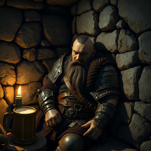 A close-up, slightly low-angle shot of a Viking warrior resting in a dimly lit stone chamber. The warrior is slumped against a rough, uneven wall made of large, weathered stones, his face partially obscured by a long, braided beard. He wears dark leather armor with intricate metal accents and a thick fur collar. A warm, flickering candle sits on a small wooden table next to him, casting a soft glow on his face and the surrounding stone. His hands are resting on his knees, and he looks tired but resolute. The overall atmosphere is one of quiet solitude and perhaps a moment of respite after battle.