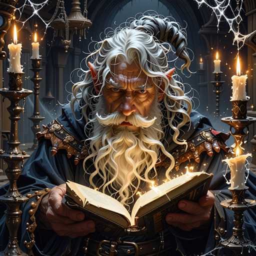 A wizened, long-bearded gnome with glowing eyes and a stern expression is intently reading an open, ancient-looking book. The book's pages are emitting a soft golden light, and sparks of magical energy dance around the open pages. The gnome is dressed in dark robes adorned with intricate, metallic details and a detailed, ornate belt. His long white beard is intricately styled, and his pointed ears are visible. The background is dimly lit, with several tall, ornate candle holders casting flickering light on the scene. Delicate spiderwebs are draped in the background, adding to the mystical atmosphere. The overall style is detailed and fantastical, with a focus on dramatic lighting and texture.