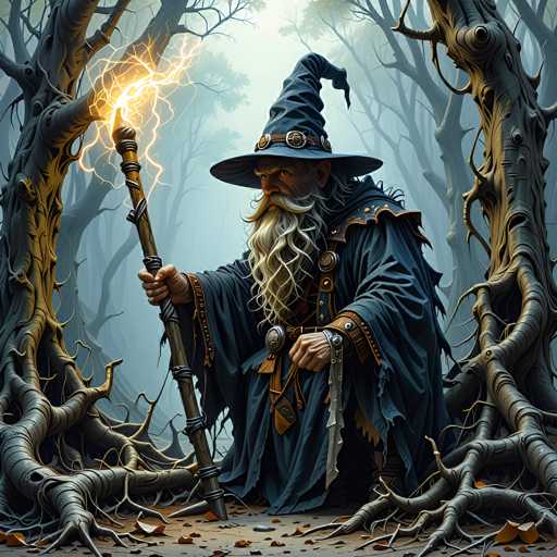 The image depicts a detailed, computer-generated illustration of a wizard standing in a foggy, eerie forest. The wizard, who has a long white beard and mustache, is wearing a dark blue robe and a pointed hat with a brim. He is holding a large, brown staff wrapped with rope, from which lightning bolts emanate. The forest around him is filled with gnarled, leafless trees, their twisted branches and exposed roots creating a haunting atmosphere. The ground beneath him is covered in dirt and scattered rocks, adding to the mystical and ominous feel of the scene. The wizard's face is marked with wrinkles, and he gazes off to the left, seemingly lost in thought or contemplation.