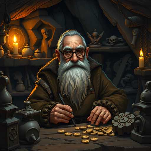 The image depicts a detailed, computer-generated scene of an elderly man with a long, flowing white beard and equally long white hair, seated at a wooden table. He wears black-rimmed glasses and a brown fur-lined jacket, and his expression is one of deep concentration as he holds a pen in his right hand, poised over a collection of gold coins spread out before him. The table is adorned with various objects, including a grayish metal lamp, a circular object with the numbers 2, 3, 5, and a plus sign, and a small metal box. Behind him, a shelf holds an assortment of items, including a skull, a candle, a statue, and a chain hanging from the ceiling. The background features a stone wall with a carved face, adding to the mystical atmosphere of the scene.