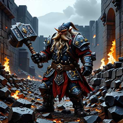 A man dressed as a dwarf with a long beard and red hair is holding a hammer over his shoulder on a rocky path surrounded by burning buildings.