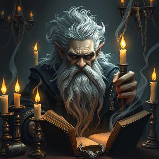 The image depicts a highly detailed, computer-generated illustration of an elderly wizard with long, flowing white hair and a equally long beard that cascades down to his chest. His pointed ears and intense, angry expression add to his mystical aura. He is seated at a wooden table, deeply engrossed in an open book, which he holds with his right hand. In his left hand, he grasps a lit candle, one of several candles that adorn the scene. The table is surrounded by multiple candelabras, each holding three to four candles, all of which are lit, casting a warm glow over the setting. The background is a dark gray, enhancing the eerie and enchanting atmosphere. Chandeliers hang from the ceiling, adding to the magical ambiance. The wizard's attire is a dark gray robe, and his eyes are a striking green, contributing to his otherworldly appearance.
