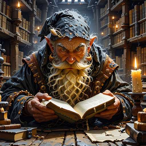The image depicts a highly detailed, computer-generated scene of an elderly wizard engrossed in his reading. The wizard, who has a long, white beard and mustache, is seated at a wooden desk, holding an open book with both hands. His face is marked by wrinkles, and he has pointed ears, a red nose, and bushy eyebrows. He wears a dark blue robe adorned with leather straps and gold buttons, and a pointed blue hat with a curled tip. A candle in a wooden holder sits to his right, casting a warm glow over the scene. The desk is cluttered with various items, including additional books and papers. Behind him, a grand library stretches into the background, filled with towering bookshelves lined with numerous books and illuminated by several candles. The overall atmosphere is one of quiet study and mystical ambiance, enhanced by the intricate details of the wizard's attire and the surrounding environment.