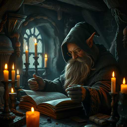 A wise, elderly gnome with a long white beard and spectacles is deeply engrossed in reading an ancient, leather-bound book illuminated by several lit candles. The gnome is wearing a dark hooded robe and appears to be in a dimly lit, cozy study with stone walls and arched windows. The scene is filled with a warm, magical glow from the candles, casting soft shadows and highlighting the gnome's focused expression. The book is open to a page filled with intricate script, and the gnome’s hands are gently holding it. The overall atmosphere is one of quiet contemplation and enchantment, suggesting a scene from a fantasy story or a magical setting.