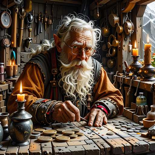 The image depicts an elderly man with a long, white beard and mustache, seated at a wooden table. He has distinctive pointy ears and wears circular glasses. His attire includes a brown shirt and a black vest adorned with a red strap. The man is engrossed in his work, using a tool to carve or etch something on a wooden surface. Scattered around him are various coins, some of which are gold and others silver. The table is cluttered with small vials and jars, and a few lit candles provide a warm glow. Behind him, the wall is lined with an assortment of tools and pots, suggesting a workshop setting. A window in the background reveals a glimpse of the outside world, adding depth to the scene.