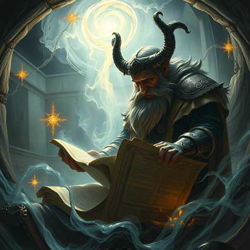 A man with long white hair and horns is reading a book while sitting on a throne surrounded by stars.