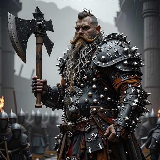 A highly detailed, photorealistic digital painting of a fierce Viking warrior standing in the midst of a chaotic battle. The central figure is a heavily armored warrior, clad in dark, intricately detailed plate armor adorned with numerous spikes and rivets. His long, braided blonde beard and hair are partially obscured by a helmet that features a prominent, spiked crest. He grips a massive axe with a wooden handle and a sharp, jagged blade, his expression conveying intense determination. 

The warrior is surrounded by other armored figures in the background, also engaged in battle, with a blurred, stormy backdrop suggesting a harsh environment. Flames flicker in the distance, and rain streaks down, adding to the overall sense of a fierce, historical battle scene. The lighting is dramatic, highlighting the warrior's imposing figure and the details of his armor while casting shadows that enhance the intensity of the scene. The overall color palette is dark and muted, with splashes of orange from the flames adding contrast.