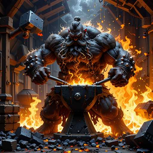 The image depicts a highly detailed, AI-generated scene of a muscular blacksmith working in a fiery workshop. The central figure is a large, grayish-black man with a long, flowing beard and mustache, and a ponytail that is tied up at the top. His eyes are glowing red, and his expression is intense as he looks down at his work. He is clad in a loincloth and metal wristbands adorned with spikes. The blacksmith is holding two long metal rods, which he is using to work on a massive anvil that is set on a pedestal. Flames and embers are erupting from the anvil, illuminating the scene with a bright orange glow. The workshop around him is filled with wooden beams and planks, and the floor is littered with broken bricks and rocks. In the background, a large metal hammer hangs on the wall, adding to the authenticity of the blacksmith's environment. The overall atmosphere is one of heat, intensity, and craftsmanship, with the blacksmith seemingly focused on forging something of great importance.